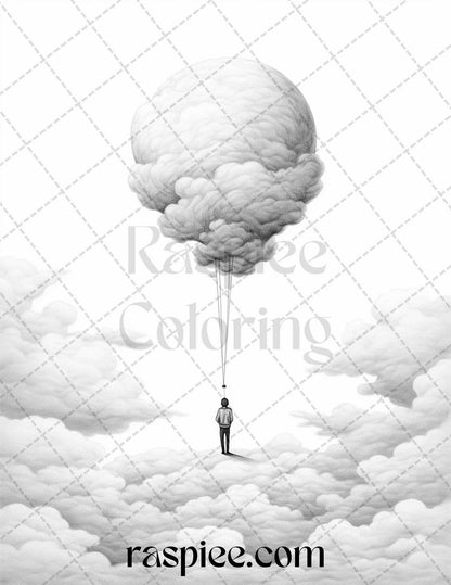 60 Enchanting Surrealism Grayscale Coloring Pages Printable for Adults, PDF File Instant Download
