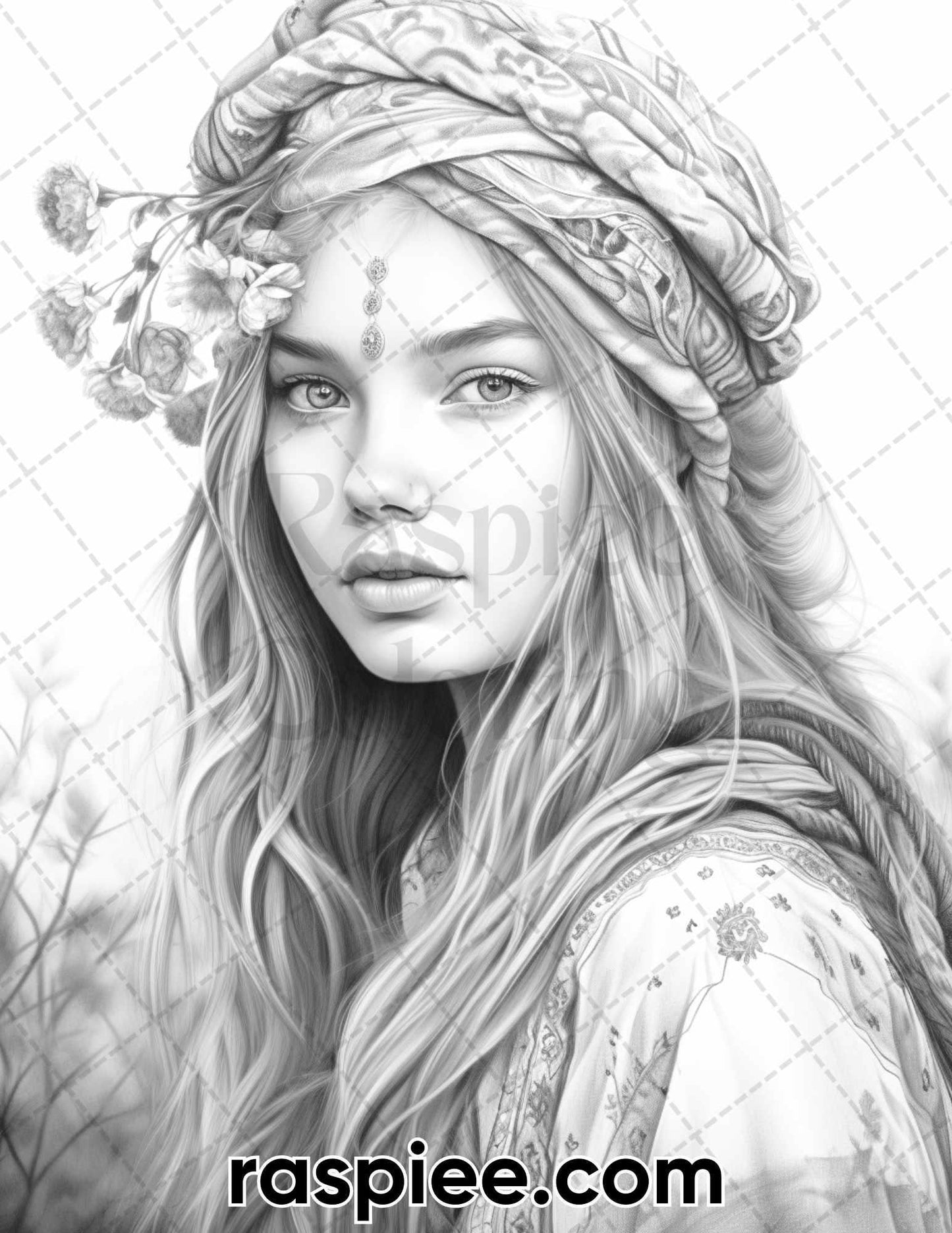 60 Bohemian Beauties Grayscale Coloring Pages for Adults, Printable PDF Instant Download