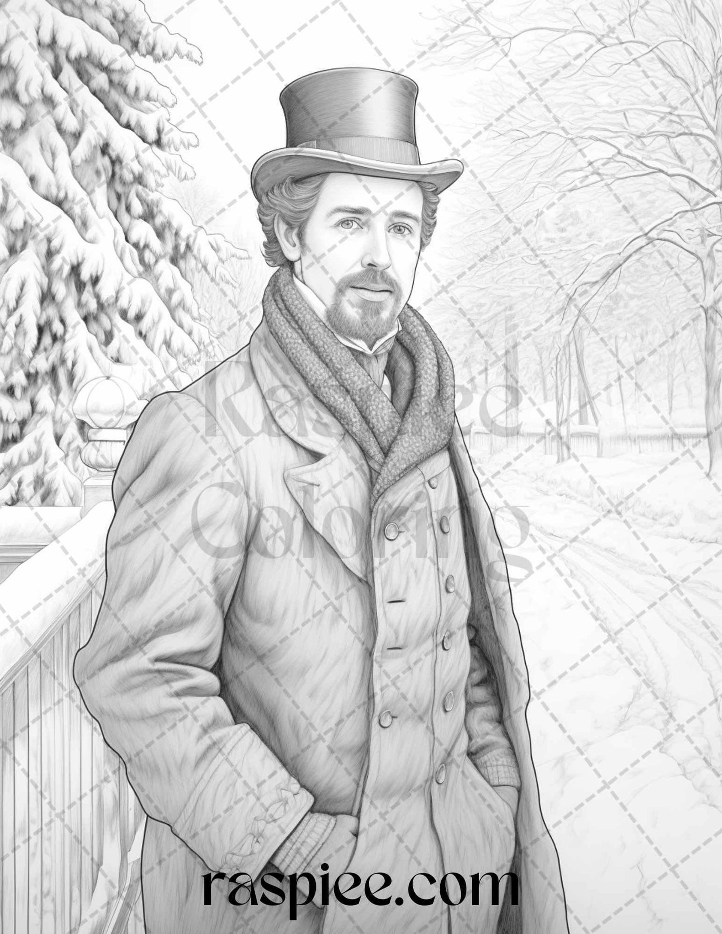 60 Victorian Winter Portrait Grayscale Coloring Pages Printable for Adults, PDF File Instant Download