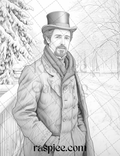 60 Victorian Winter Portrait Grayscale Coloring Pages Printable for Adults, PDF File Instant Download
