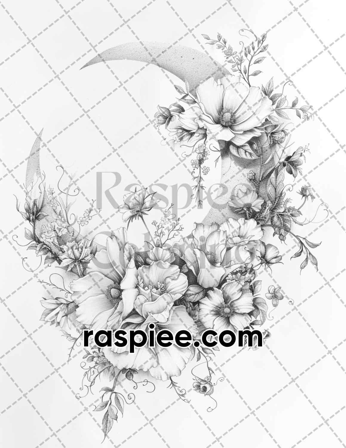 60 Boho Moon Floral Grayscale Adult Coloring Pages Printable PDF Instant Download