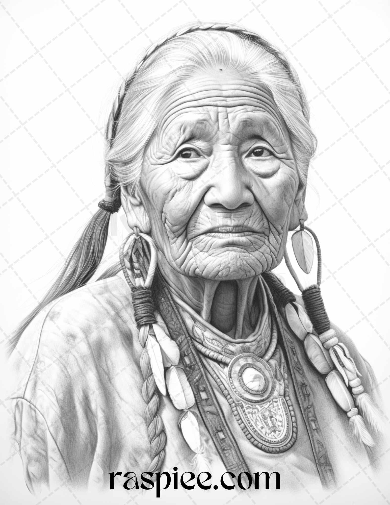 Native American Portrait Grayscale Coloring Pages Printable for Adults, PDF File Instant Download