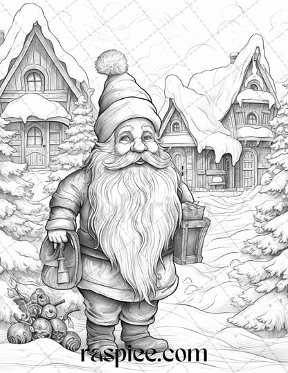 60 Christmas Gnomes Grayscale Coloring Pages Printable for Adults and Kids, PDF File Instant Download