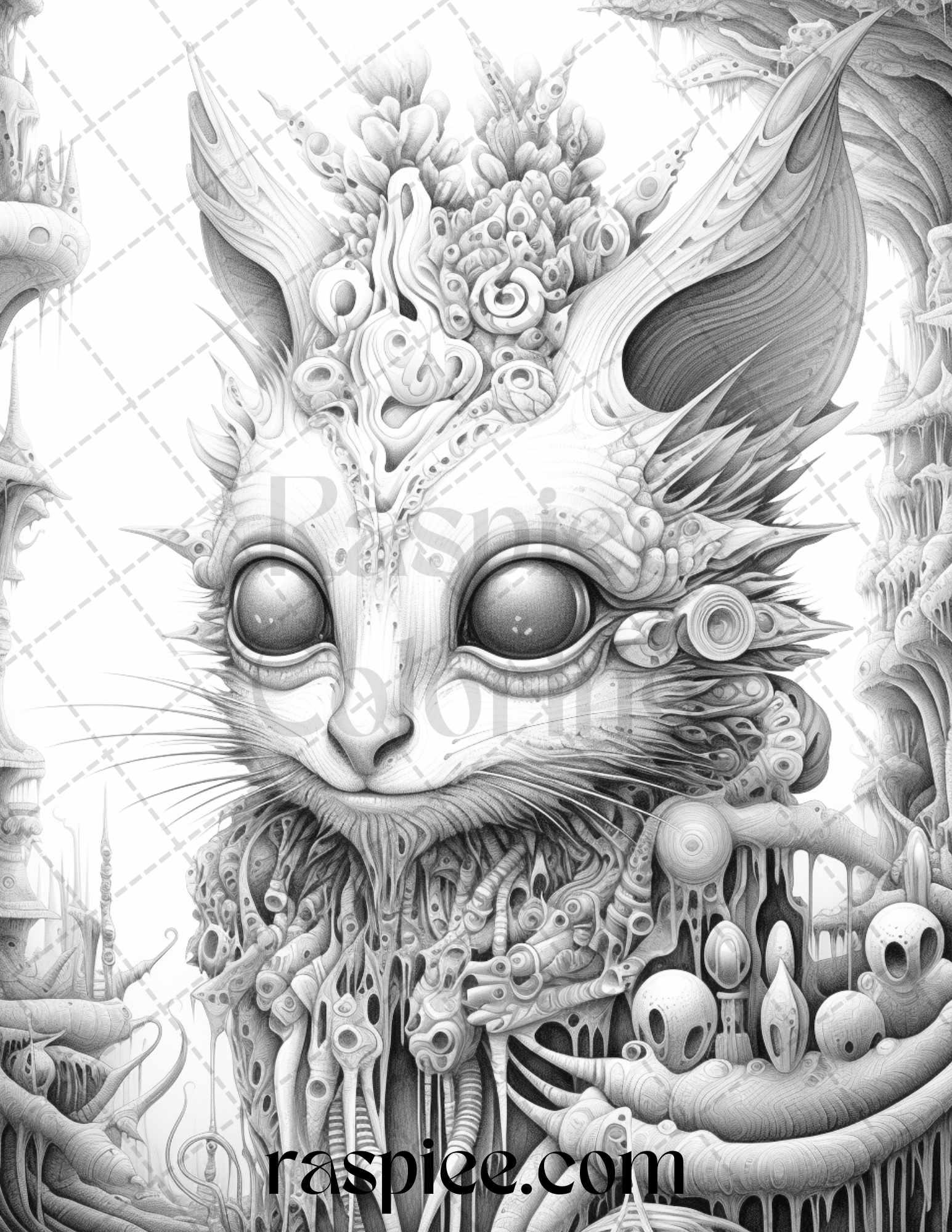 53 Surreal Creatures Grayscale Coloring Pages for Adults, Printable PDF File Instant Download