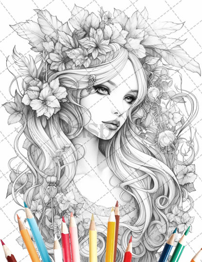 35 Beautiful Printable Elf Girls Coloring Book for Adults, Grayscale Coloring Page, PDF File Instant Download