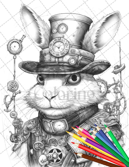 60 Steampunk Animals Grayscale Coloring Pages Printable for Adults, PDF File Instant Download