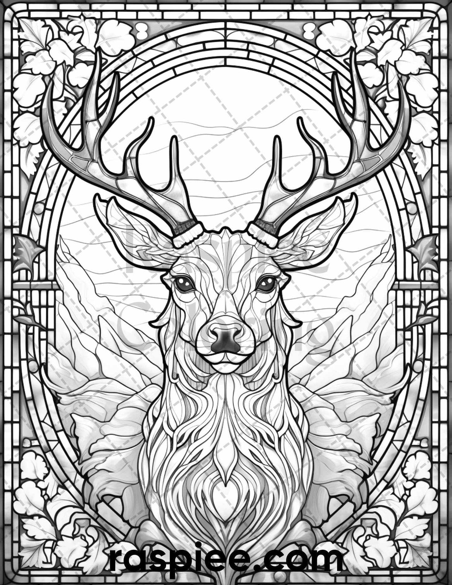 50 Christmas Stained Glass Grayscale Coloring Pages for Adults, Printable PDF File Instant Download