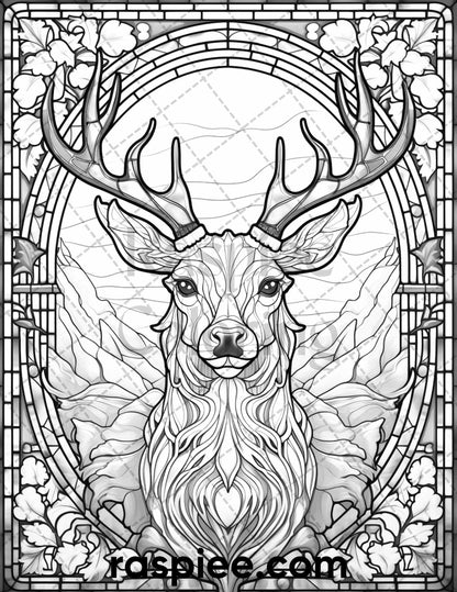 50 Christmas Stained Glass Grayscale Coloring Pages for Adults, Printable PDF File Instant Download