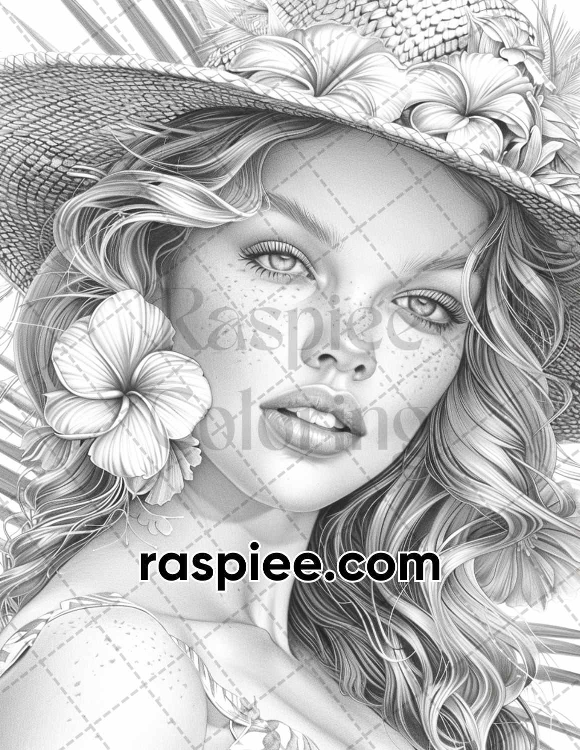 70 Beautiful Tropical Girls Grayscale Adult Coloring Pages Printable PDF Instant Download
