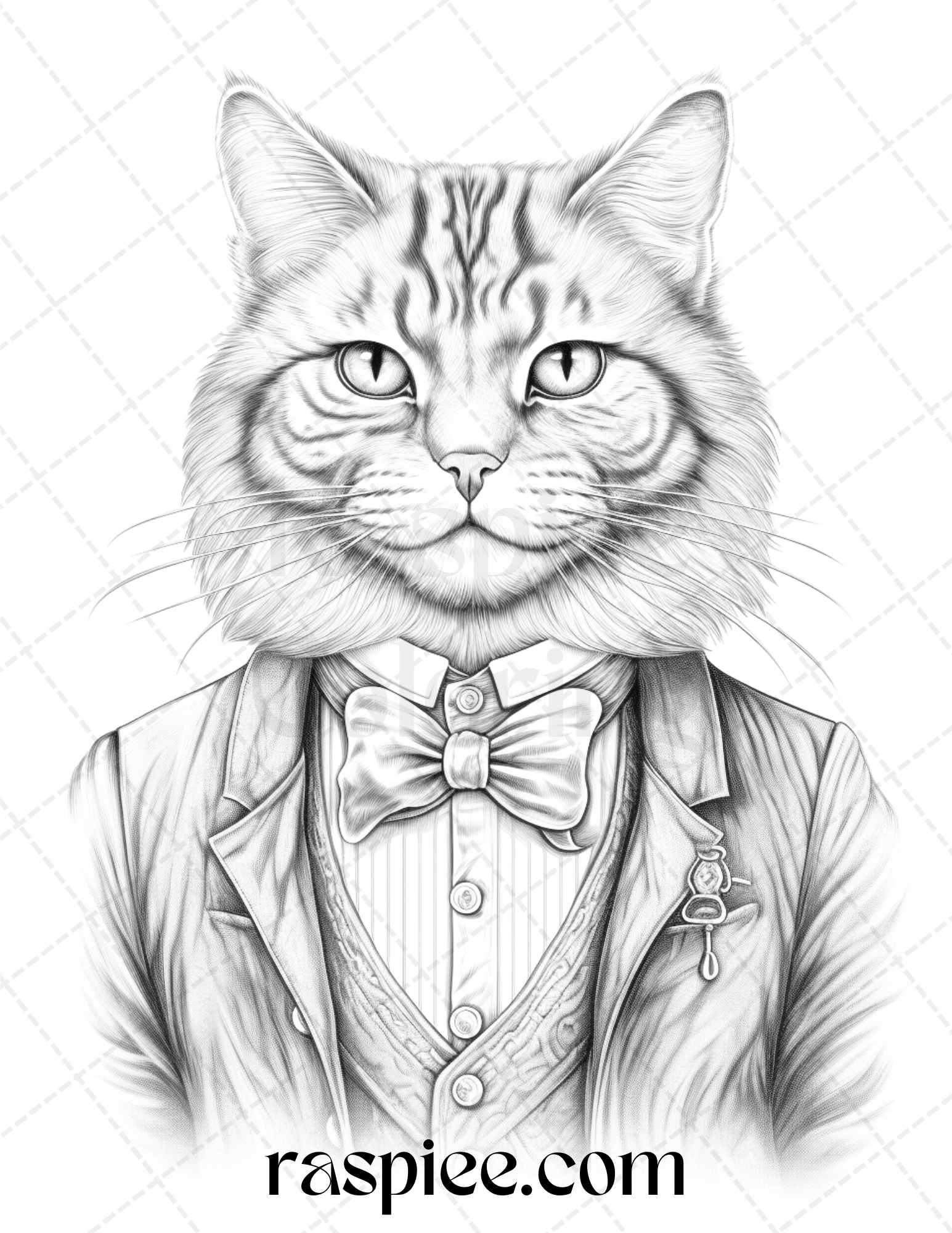 Gentleman Cat Grayscale Coloring Pages Printable for Adults Kids, PDF File Instant Download