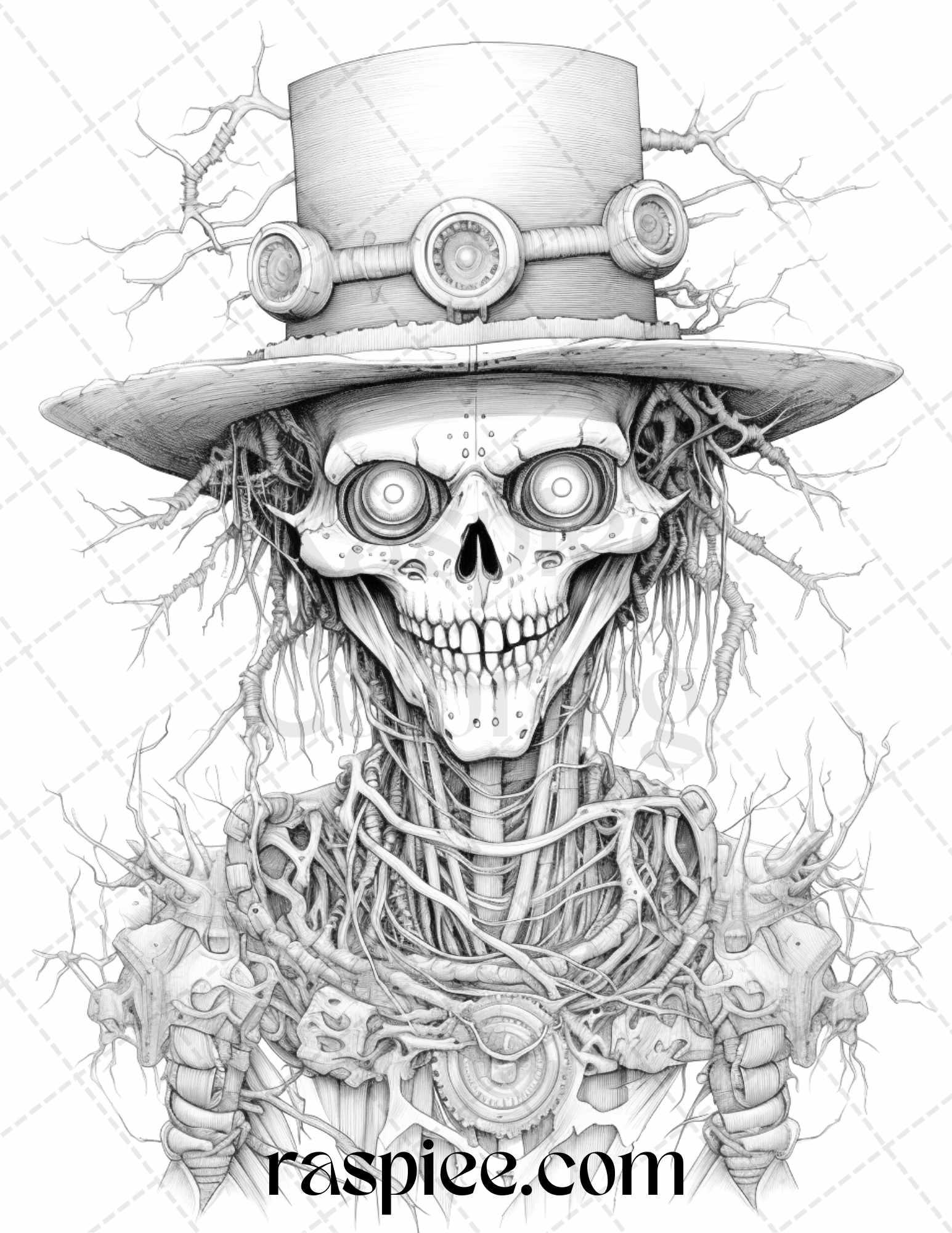 53 Scary Steampunk Scarecrows Grayscale Coloring Pages Printable for Adults, PDF File Instant Download