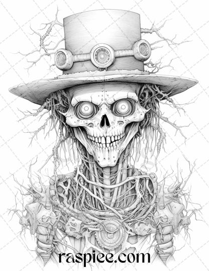 53 Scary Steampunk Scarecrows Grayscale Coloring Pages Printable for Adults, PDF File Instant Download