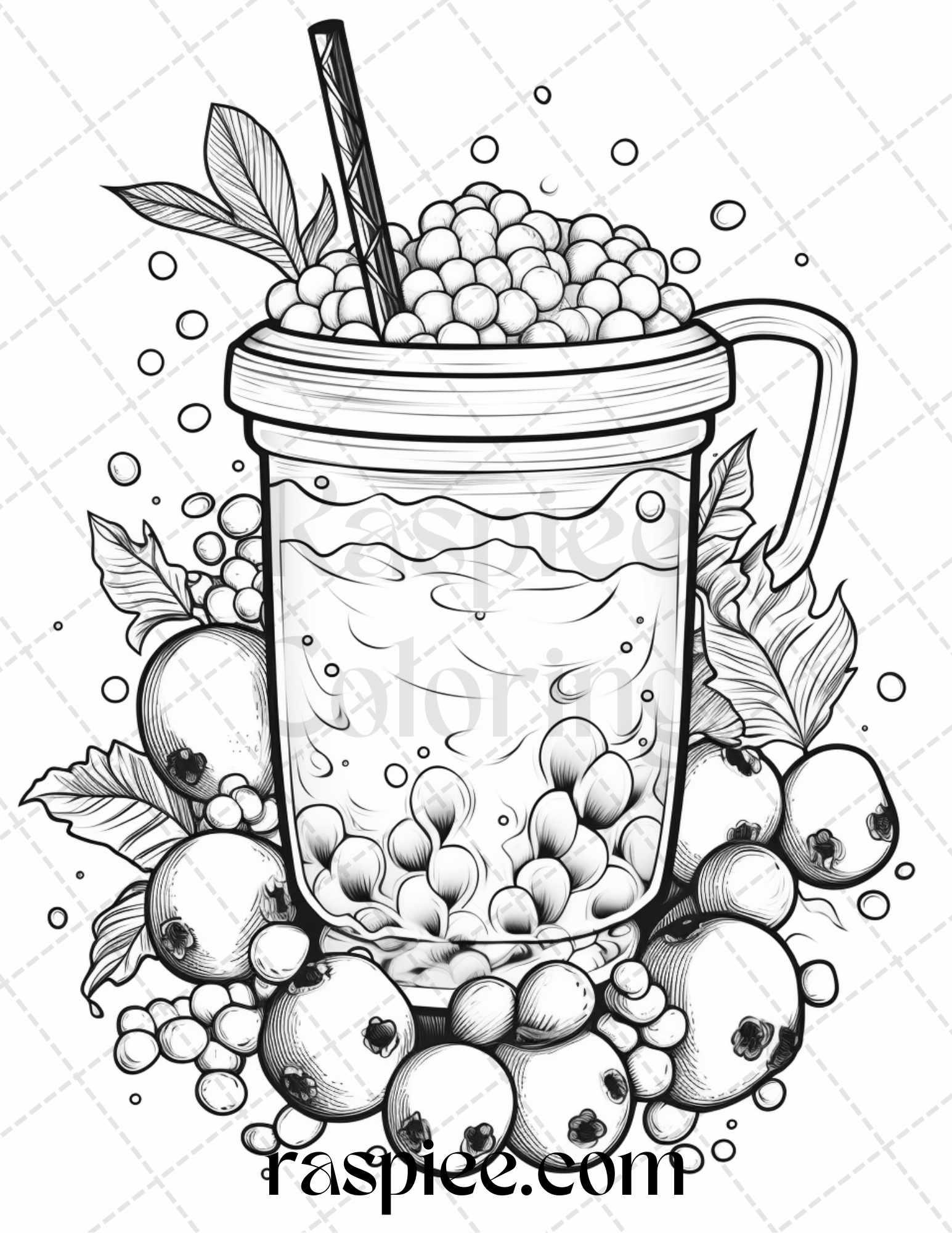 50 Cute Kawaii Boba Tea Grayscale Coloring Pages for Adults and Kids, Printable PDF File Instant Download