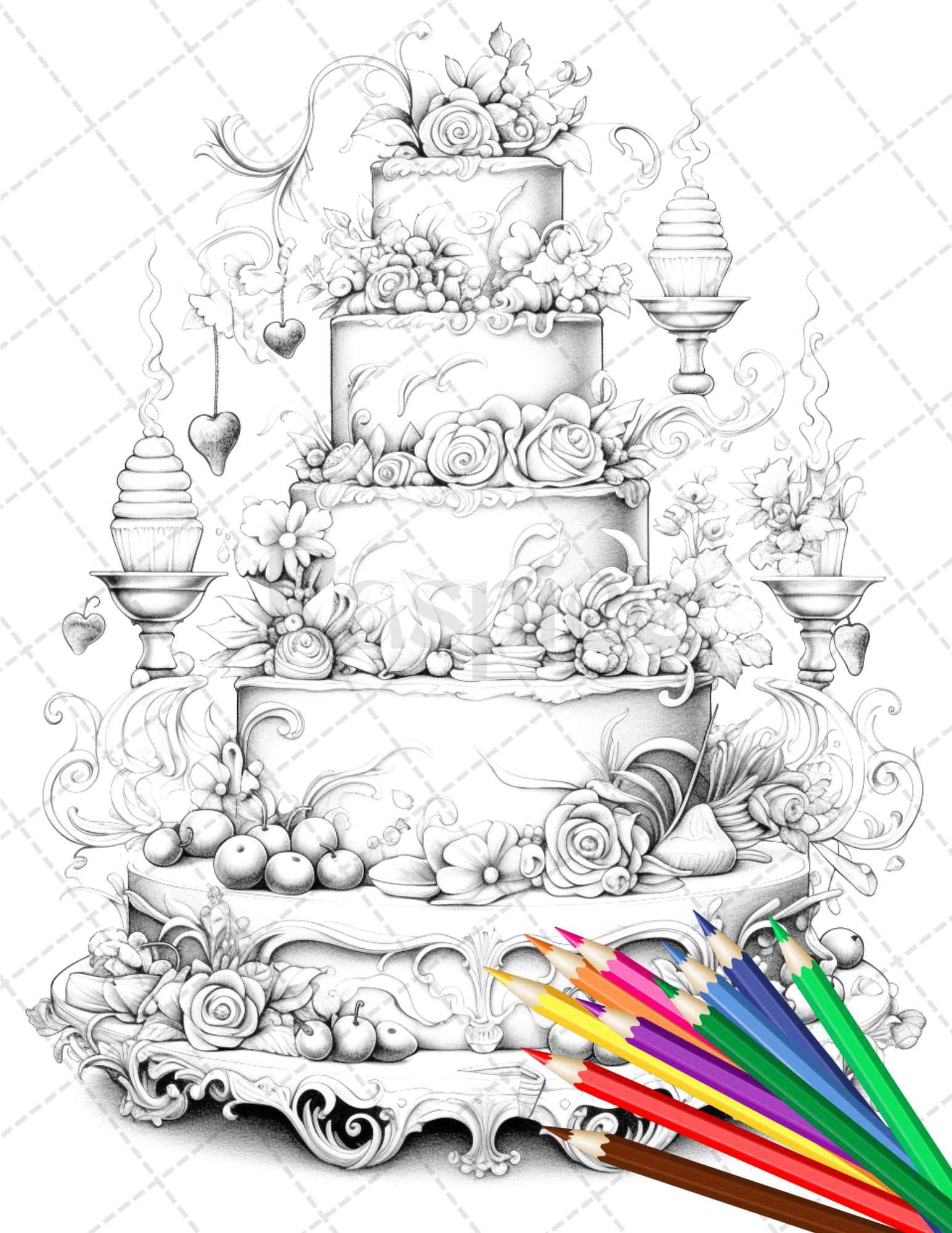 38 Whimsical Cakes Grayscale Coloring Pages for Adults, PDF File Instant Download