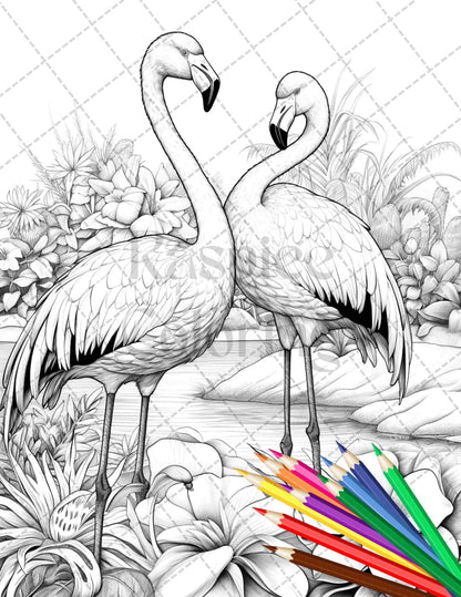 Flamingo Oasis Grayscale Coloring Pages Printable for Adults, PDF File Instant Download
