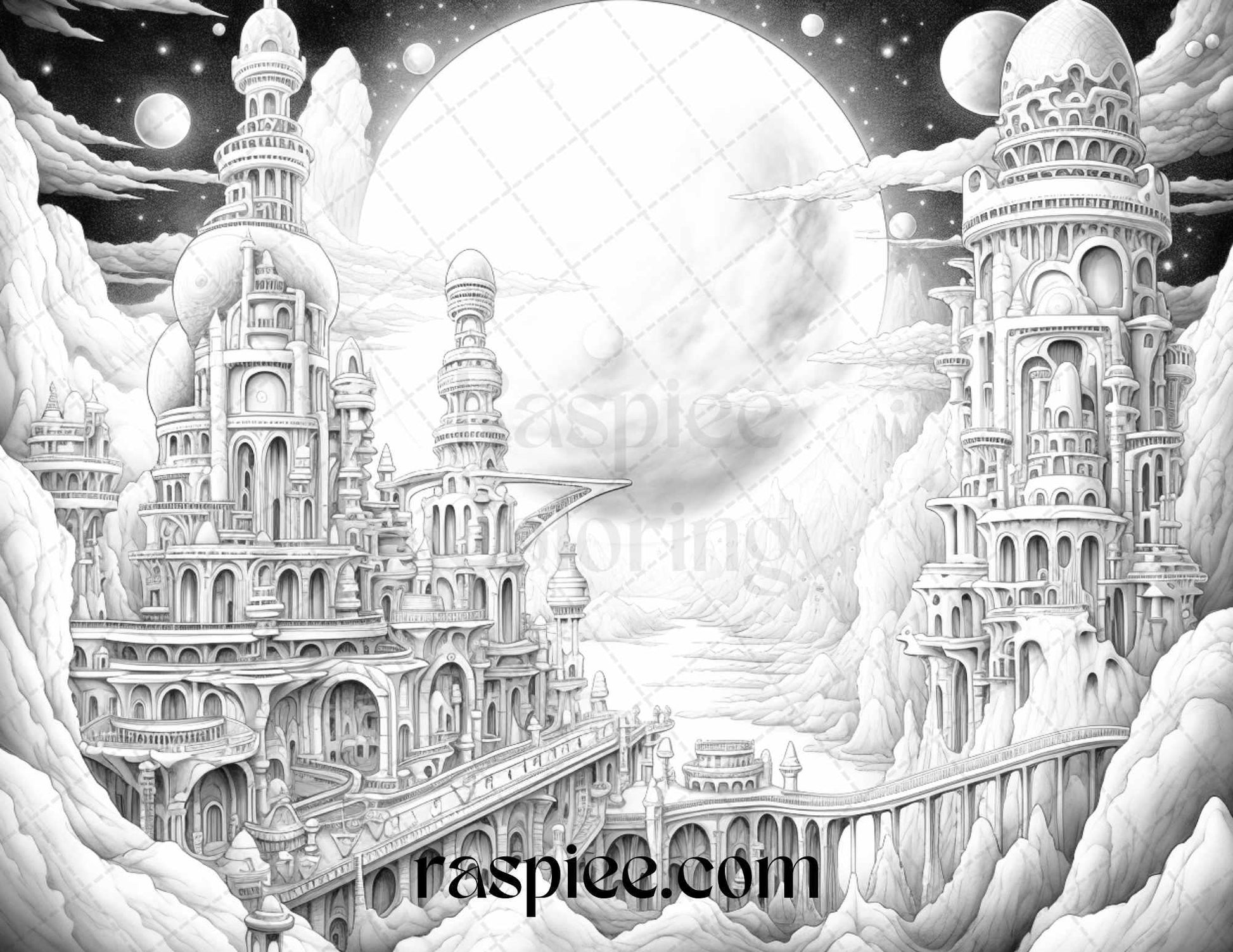 55 Celestial Landscapes Grayscale Coloring Pages Printable for Adults, PDF File Instant Download
