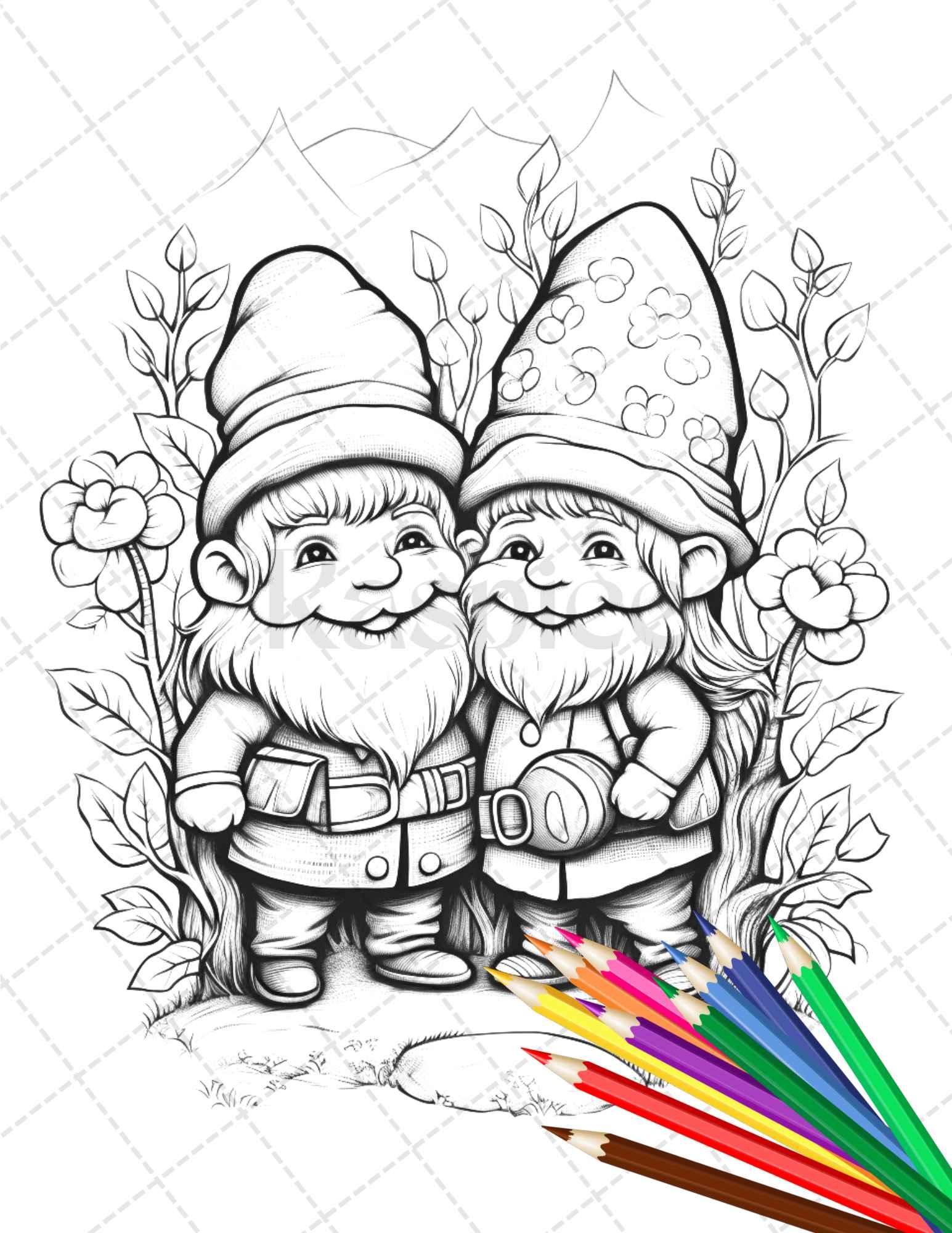 33 Gnome Love Coloring Pages Printable for Adults, Grayscale Coloring Page, PDF File Instant Download