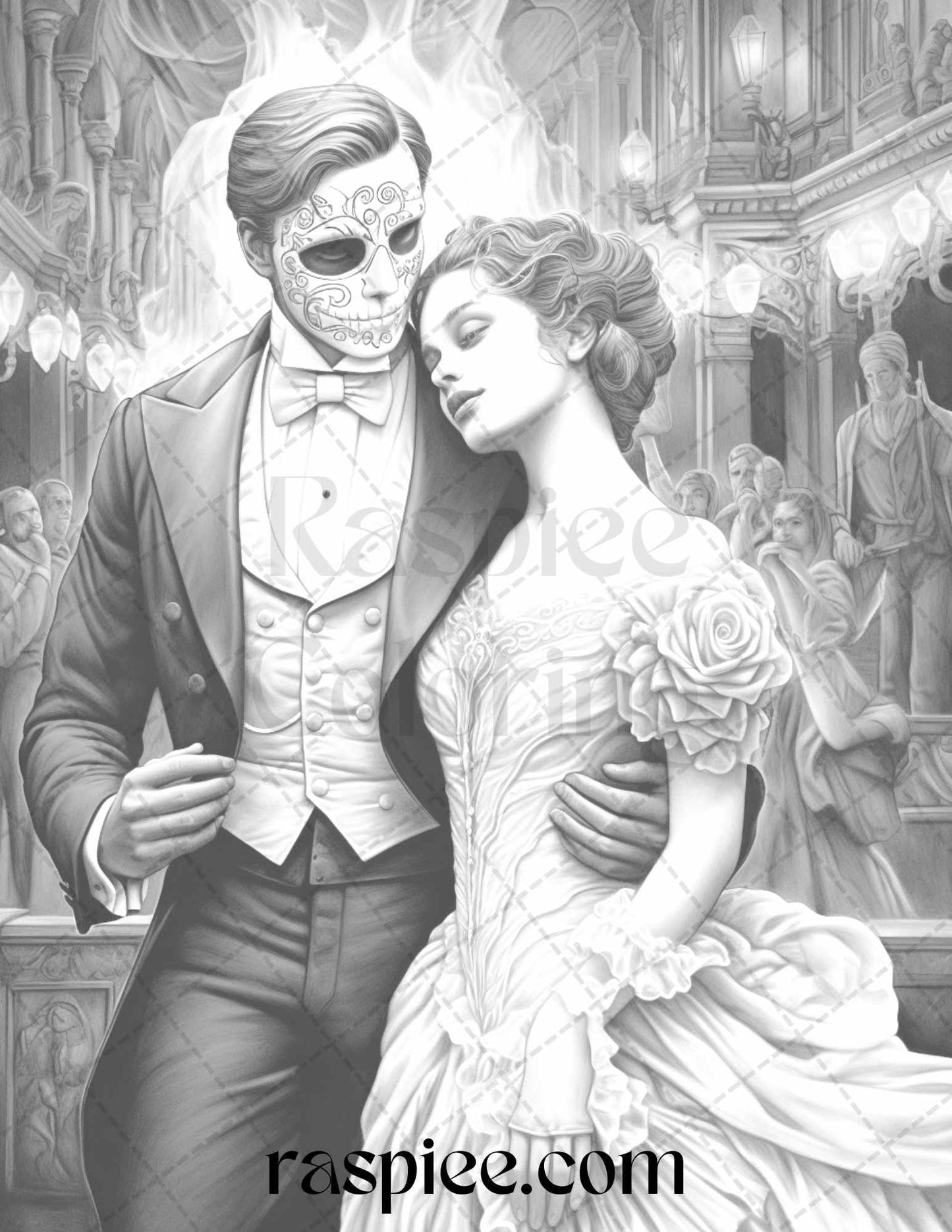 Phantom of the Opera Grayscale Coloring Pages Printable for Adults, PDF File Instant Download