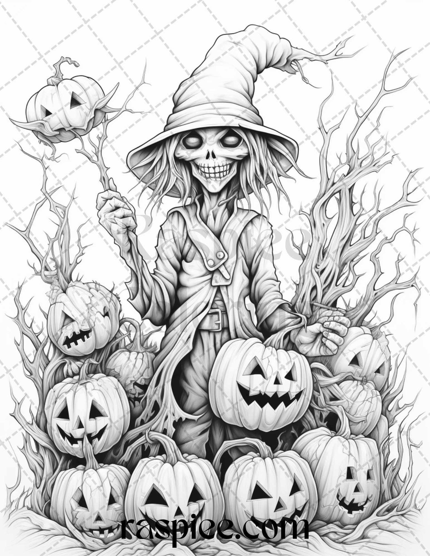 50 Halloween Scarecrows Grayscale Coloring Pages Printable for Adults, PDF File Instant Download