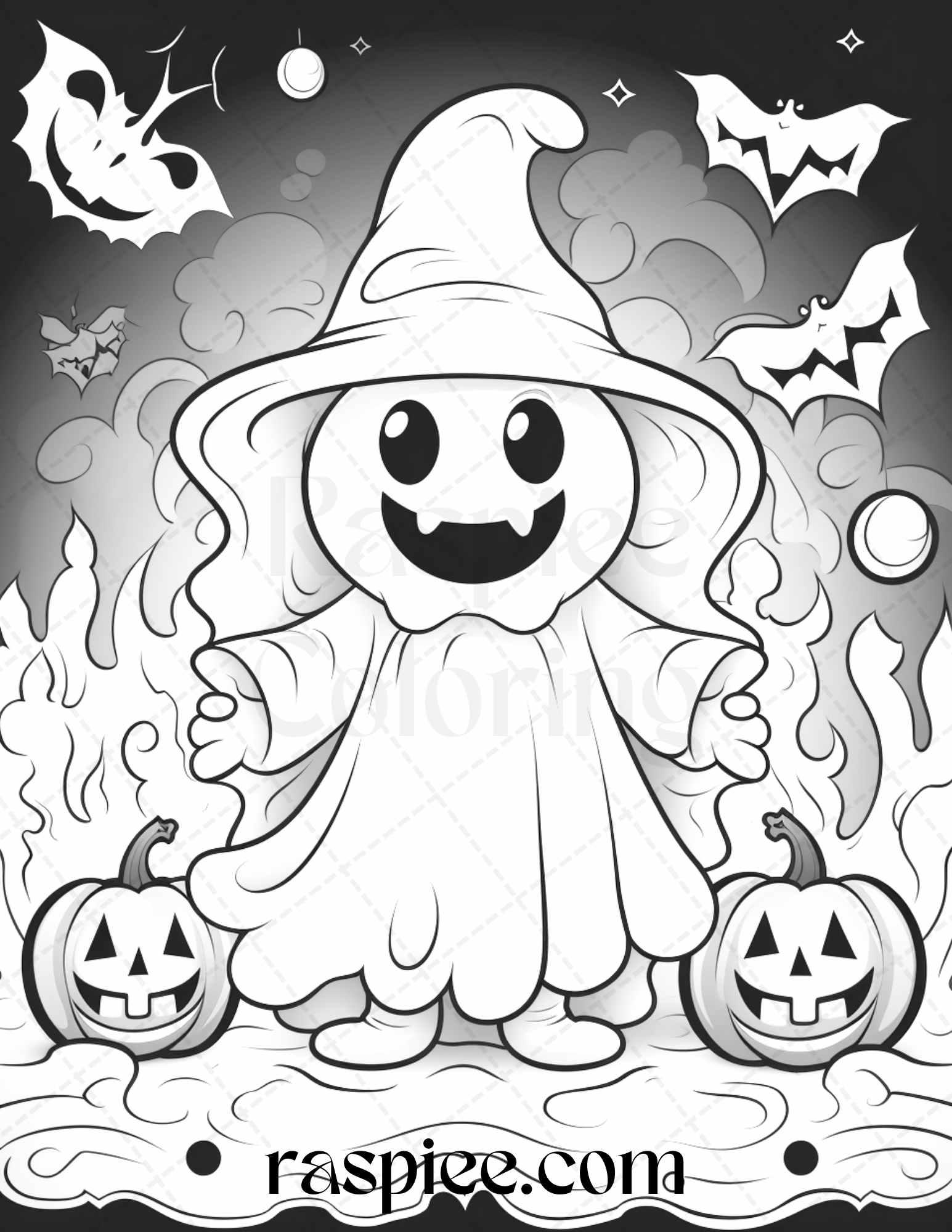 50 Halloween Cute Ghosts Grayscale Coloring Printable for Adults Kids, PDF File Instant Download