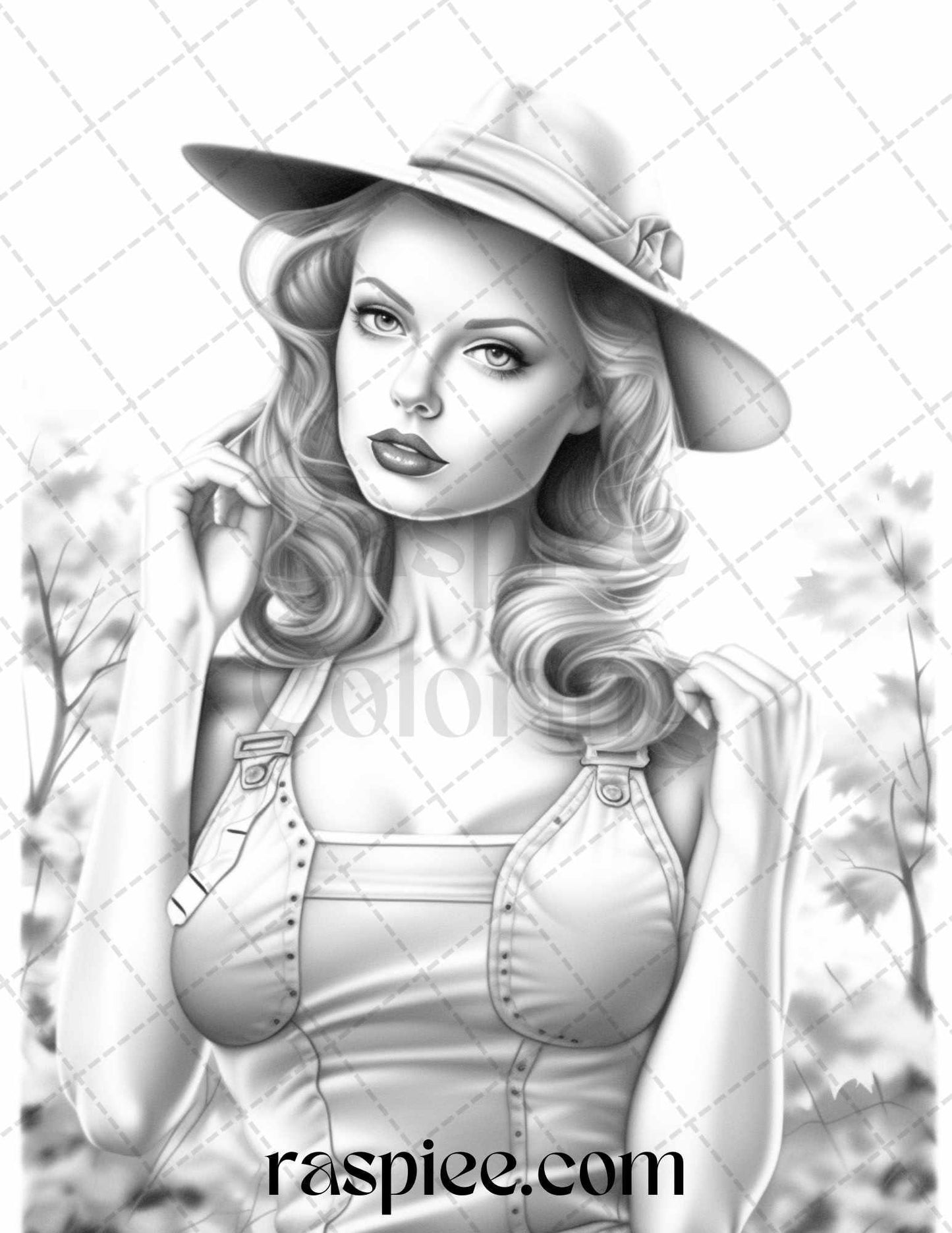 55 Autumn Pin Up Girls Grayscale Coloring Pages Printable for Adults, PDF File Instant Download