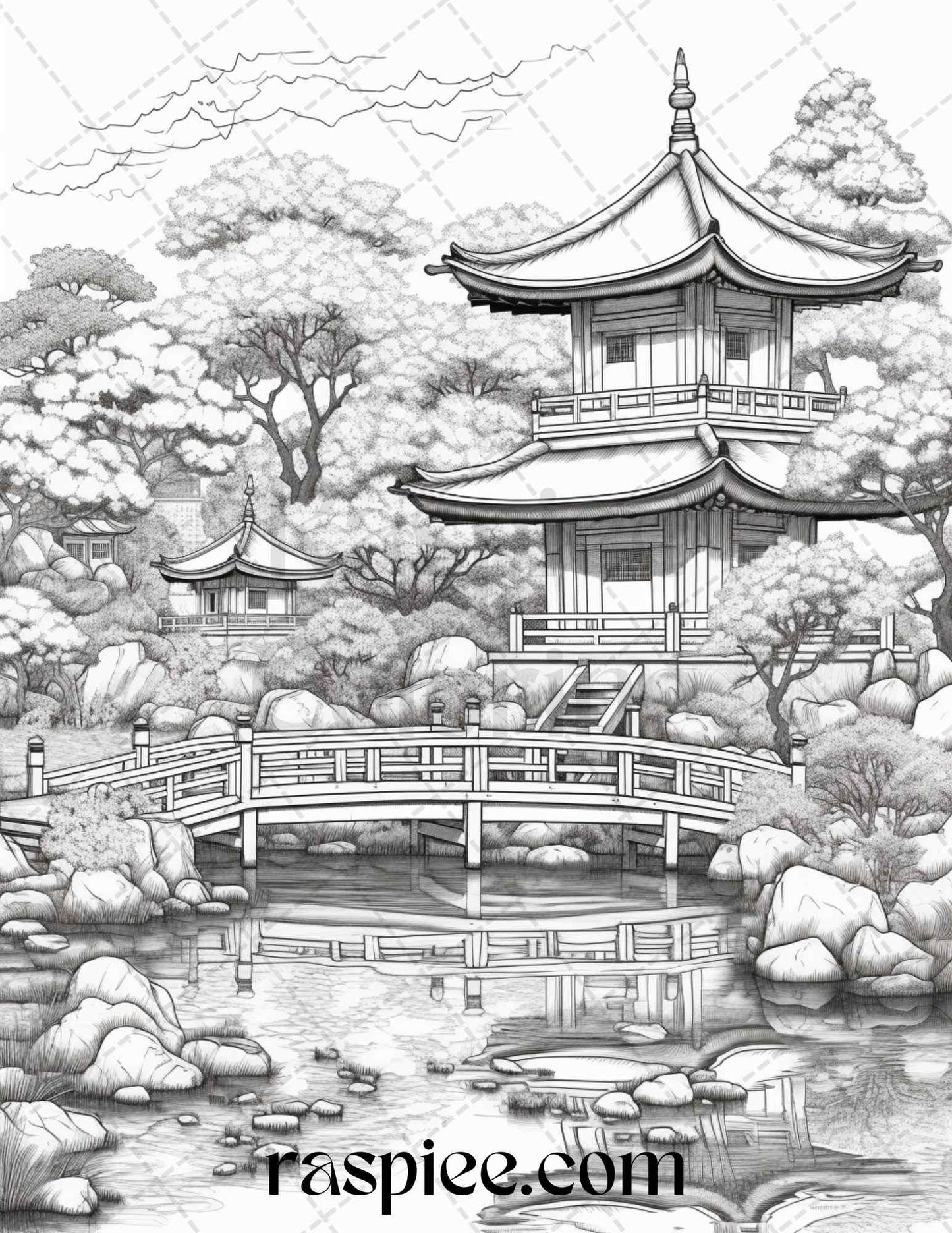 Japanese Garden Grayscale Coloring Pages Printable for Adults, PDF File Instant Download