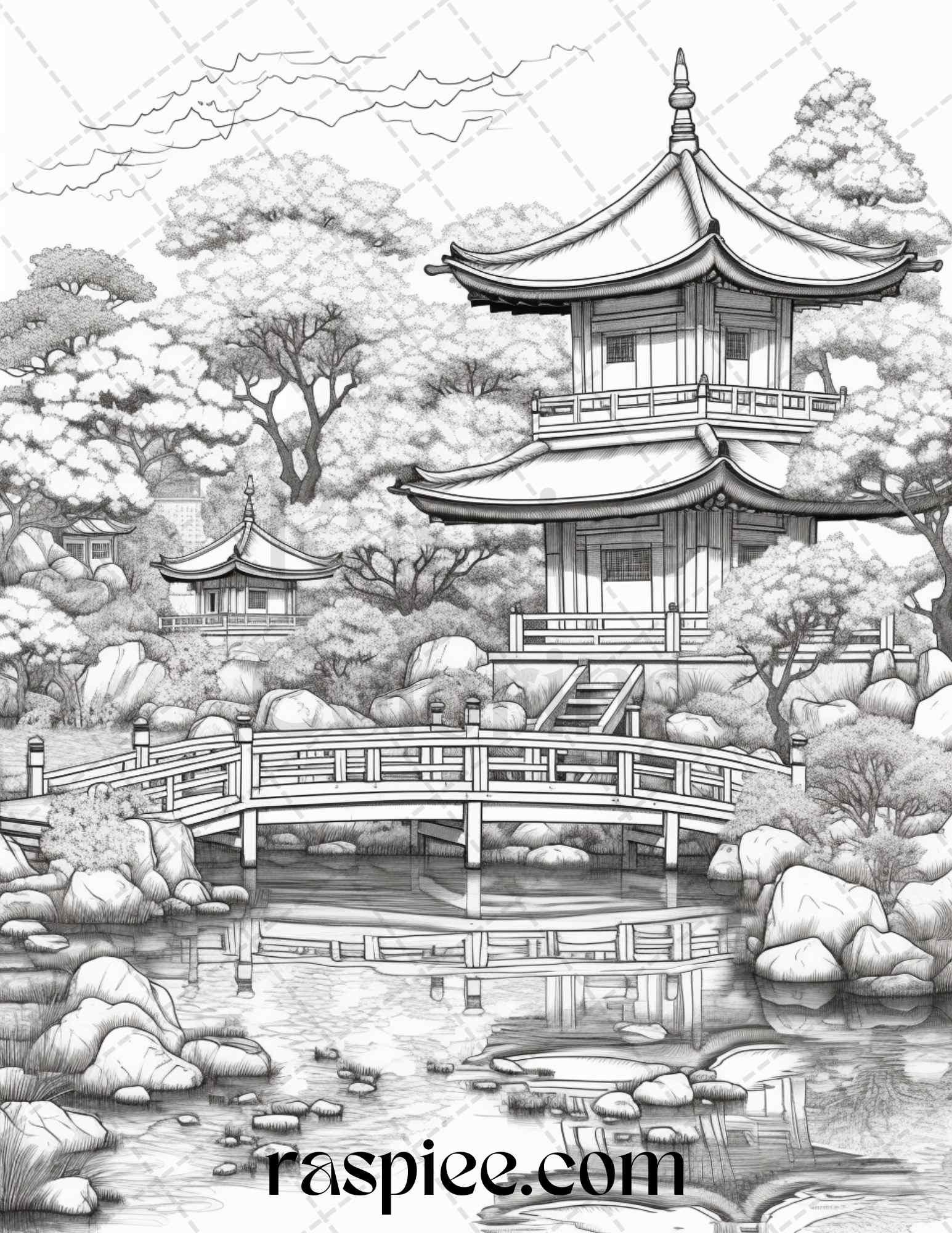 Japanese Garden Grayscale Coloring Pages Printable for Adults, PDF File Instant Download
