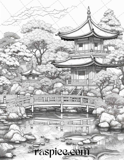 Japanese Garden Grayscale Coloring Pages Printable for Adults, PDF File Instant Download