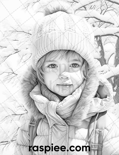 50 Baby Winter Portrait Grayscale Coloring Pages Printable for Adults, PDF File Instant Download