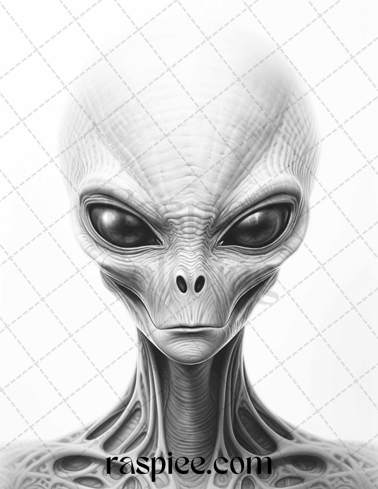 65 Alien Portrait Grayscale Coloring Pages for Adults, Printable PDF File Instant Download