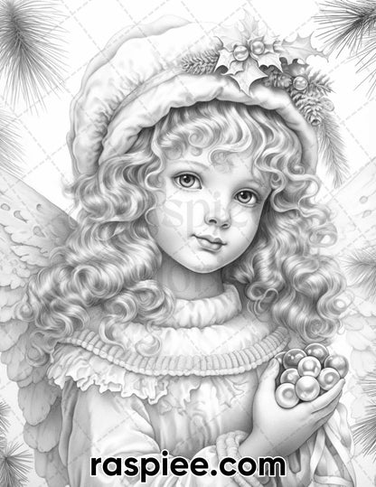 55 Christmas Angel Grayscale Coloring Pages for Adults, Printable PDF Instant Download