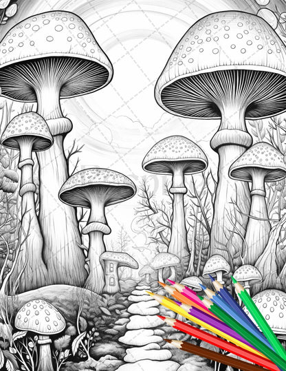 Psychedelic Mushroom Forest Coloring Book Printable for Adults, Trippy Grayscale Coloring Page, PDF File Instant Download