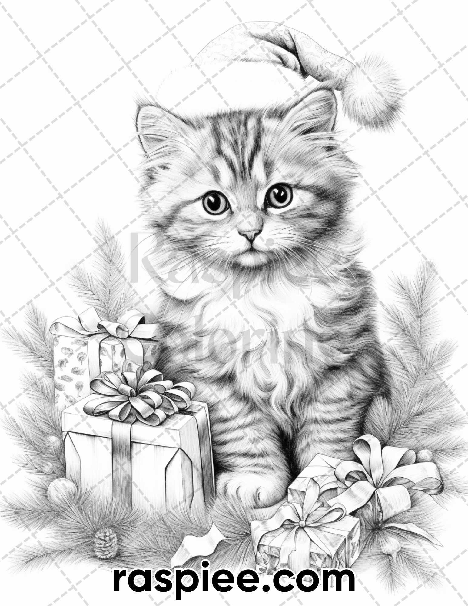 40 Christmas Cats Grayscale Coloring Pages for Adults, Printable PDF Instant Download