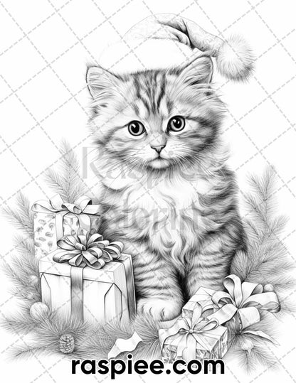 40 Christmas Cats Grayscale Coloring Pages for Adults, Printable PDF Instant Download