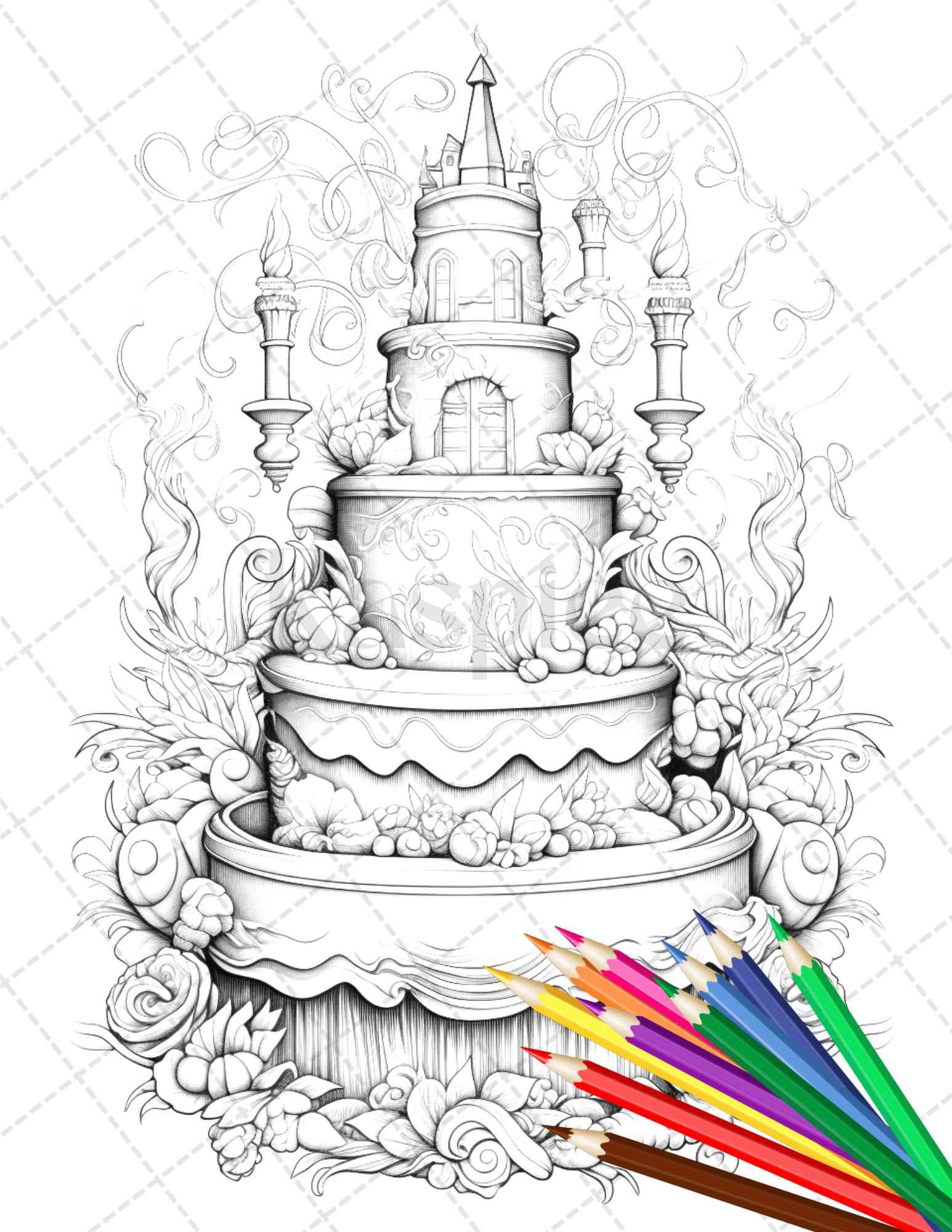 38 Whimsical Cakes Grayscale Coloring Pages for Adults, PDF File Instant Download