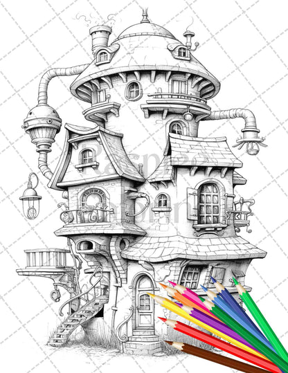 50 Steampunk Houses Grayscale Coloring Pages Printable for Adults, PDF File Instant Download