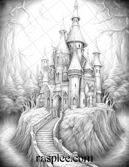 50 Haunted Castles Grayscale Coloring Pages Printable, Halloween Coloring Book, PDF File Instant Download
