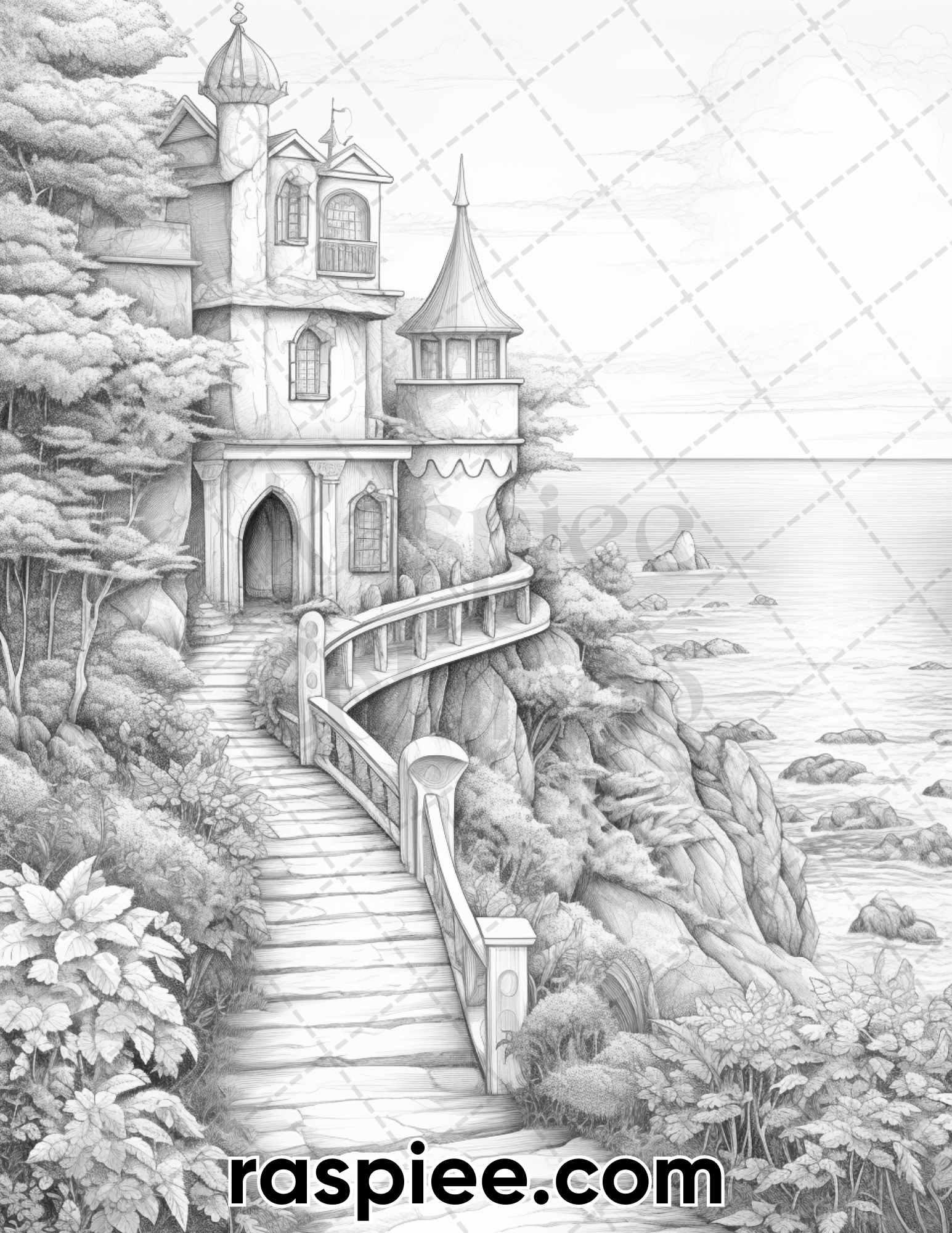 50 Fairy Beach Houses Grayscale Coloring Pages for Adults, Printable PDF Instant Download