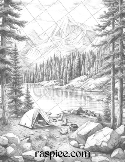 Nature Camping Grayscale Coloring Pages Printable, Relaxing Outdoor Scenes, PDF File Instant Download