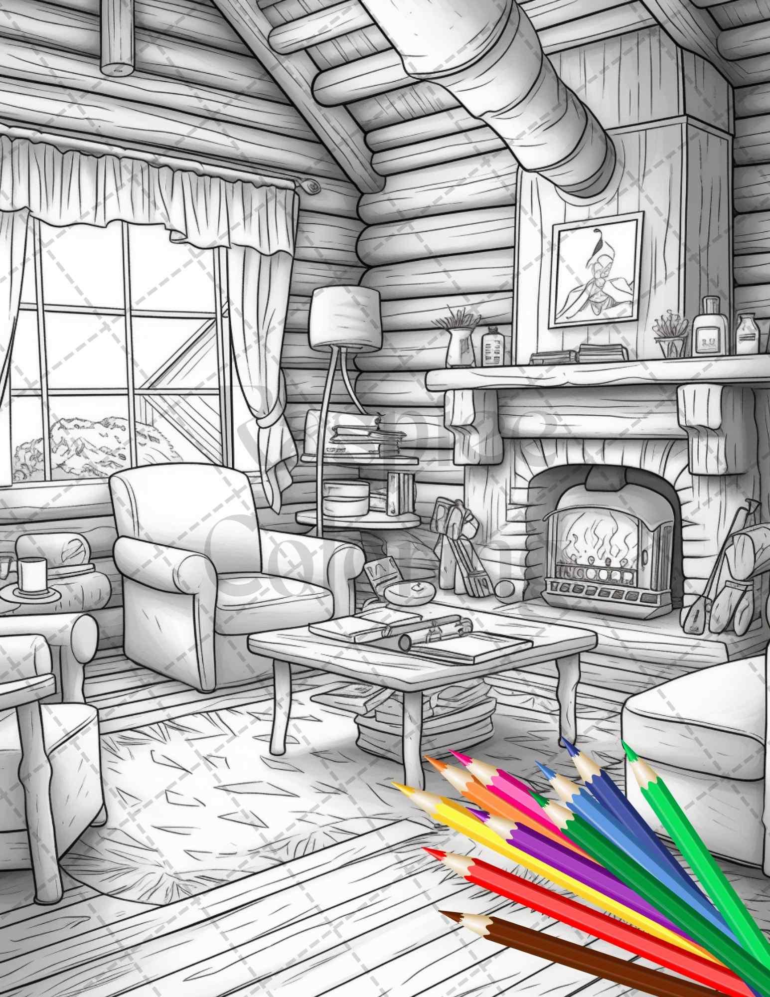 Cozy Cabin Interior Grayscale Coloring Pages Printable for Adults, PDF File Instant Download
