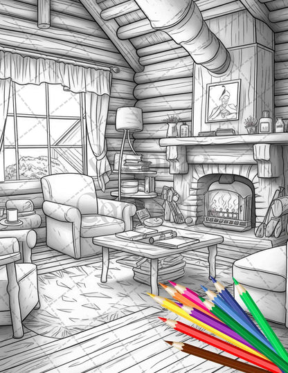 Cozy Cabin Interior Grayscale Coloring Pages Printable for Adults, PDF File Instant Download