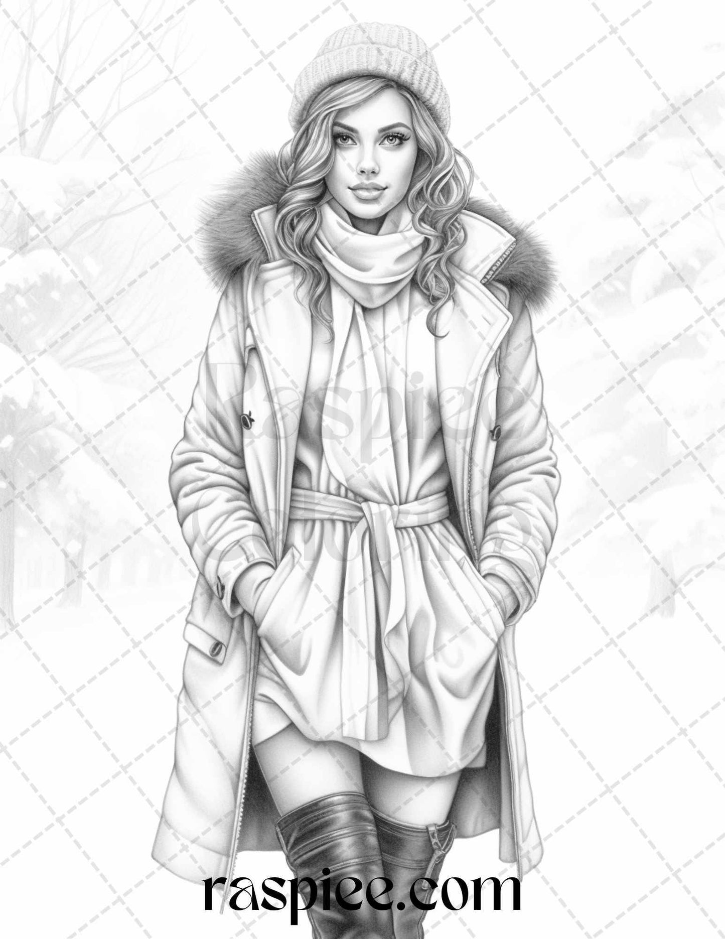 40 Winter Fashion Grayscale Coloring Pages Printable for Adults, PDF File Instant Download
