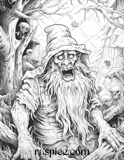 50 Horror Zombie Gnomes Grayscale Coloring Pages Printable for Adults, PDF File Instant Download
