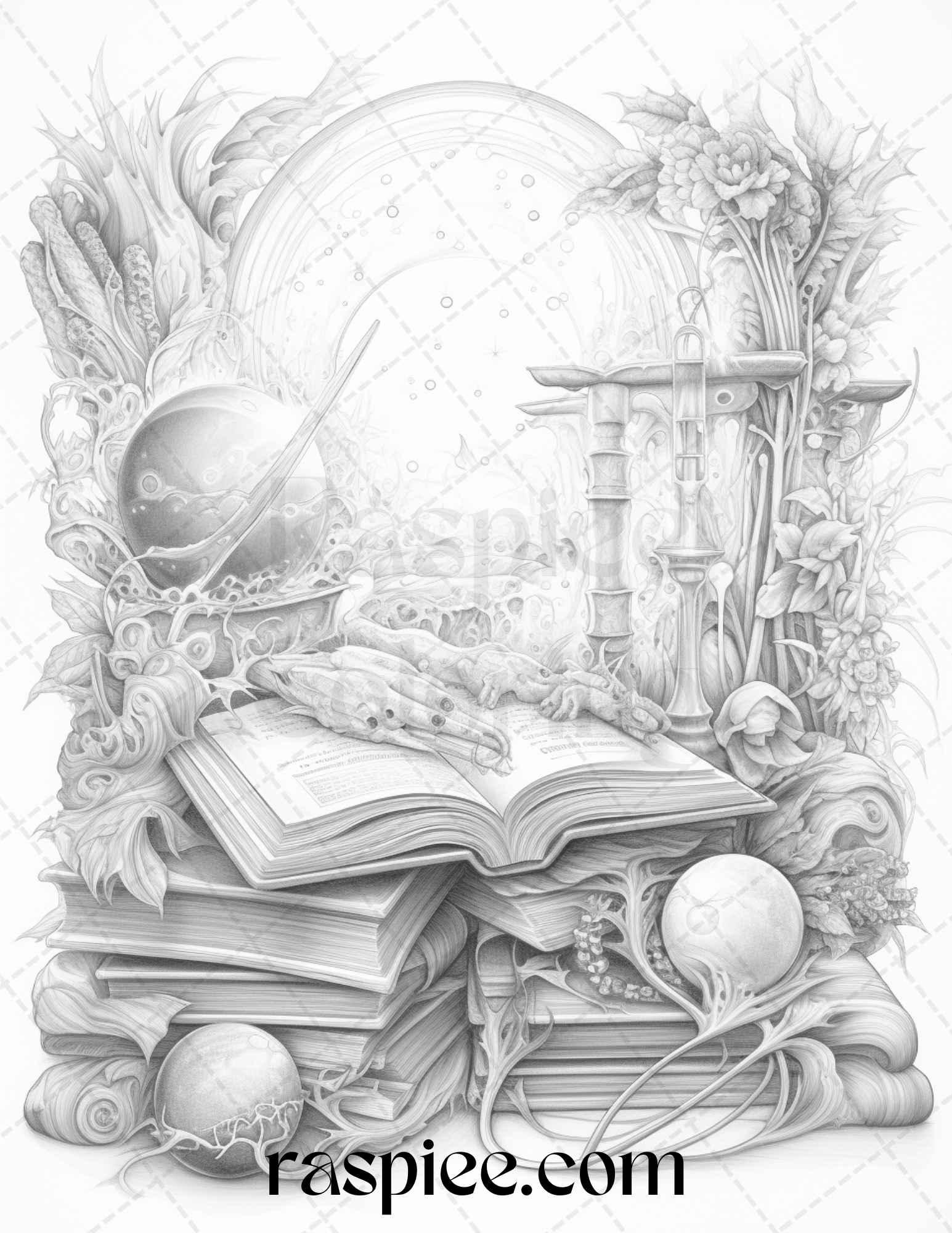 50 Magical Books Grayscale Coloring Pages Printable for Adults, PDF File Instant Download