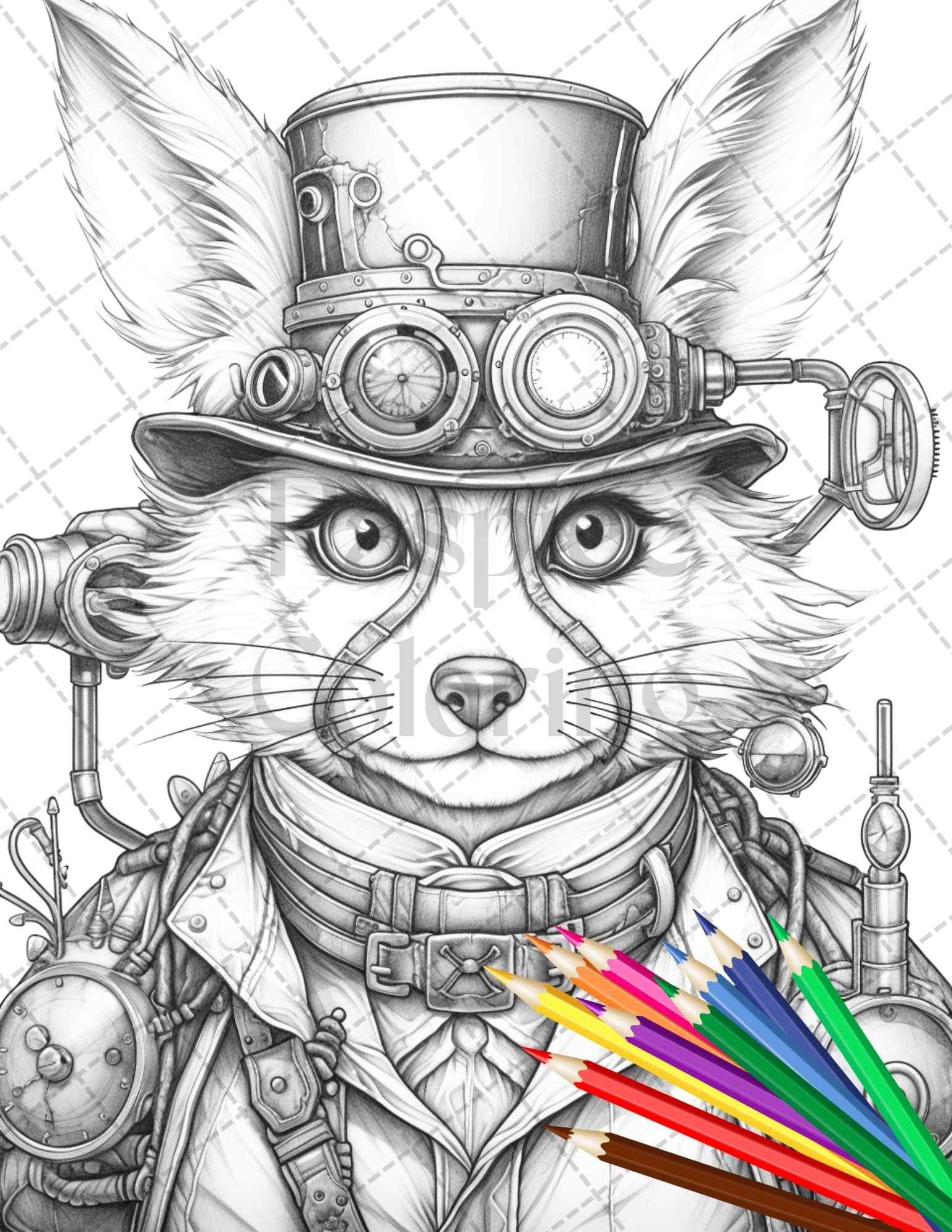 60 Steampunk Animals Grayscale Coloring Pages Printable for Adults, PDF File Instant Download