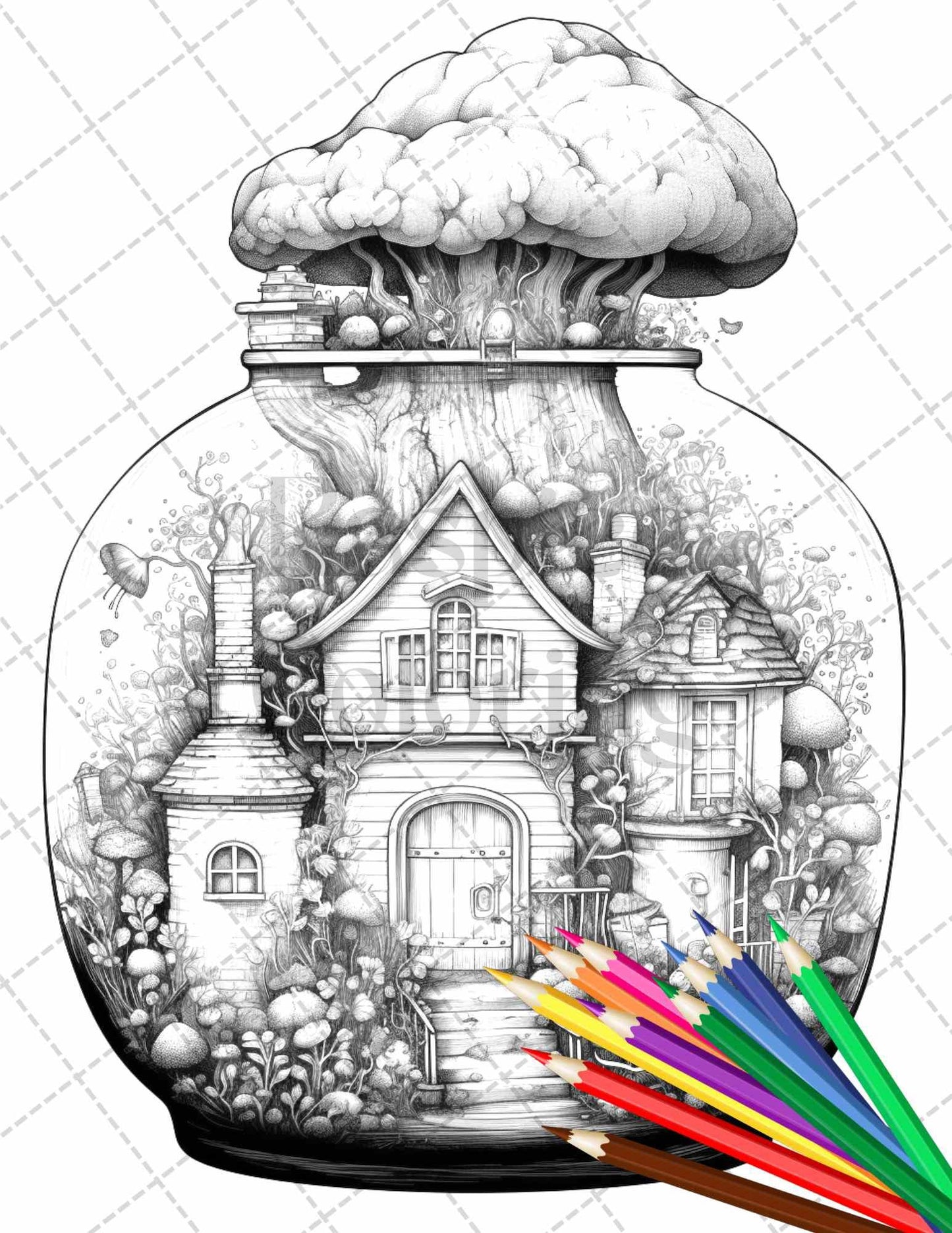 Fairy House in Jar Grayscale Coloring Pages Printable for Adults, PDF File Instant Download