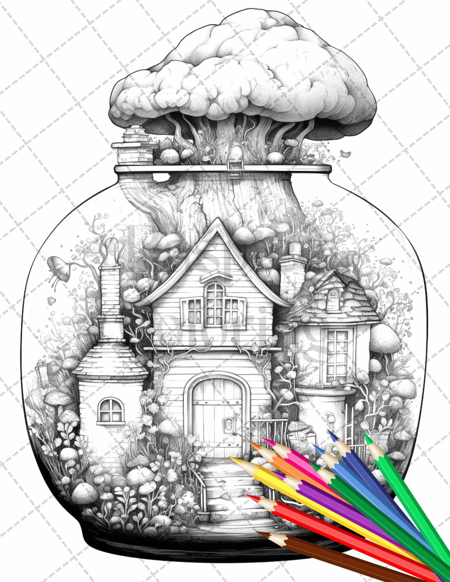Fairy House in Jar Grayscale Coloring Pages Printable for Adults, PDF File Instant Download