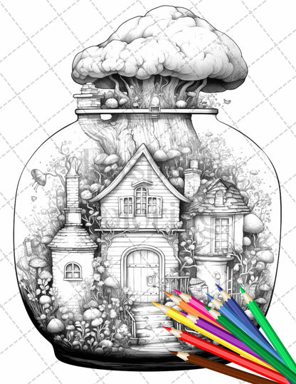 Fairy House in Jar Grayscale Coloring Pages Printable for Adults, PDF File Instant Download