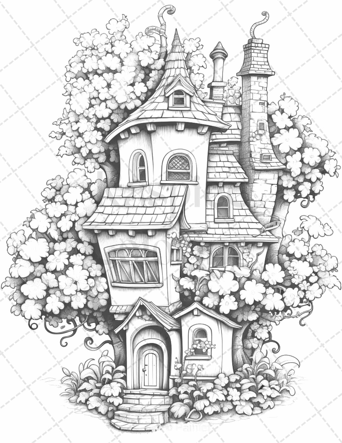 60 Flower Houses Grayscale Coloring Pages Printable for Adults, PDF File Instant Download