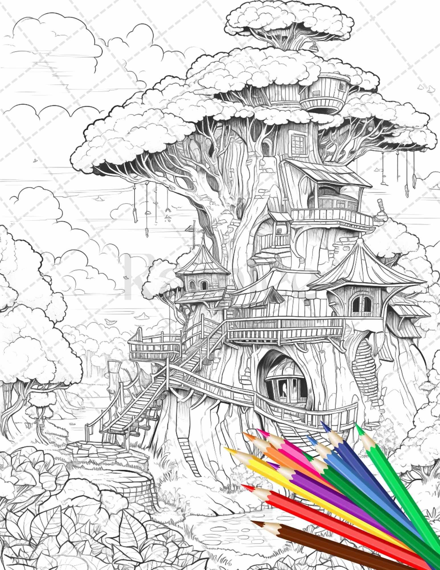 110 Enchanted Treehouse Coloring Book Printable for Adults, Grayscale Coloring Page, PDF File Instant Download